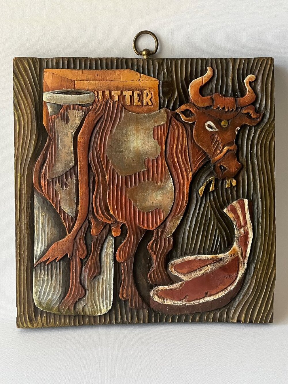 J. Diane Styrmo Canadian Folk Art Hand Carved Wood Relief "Farm Supplies"